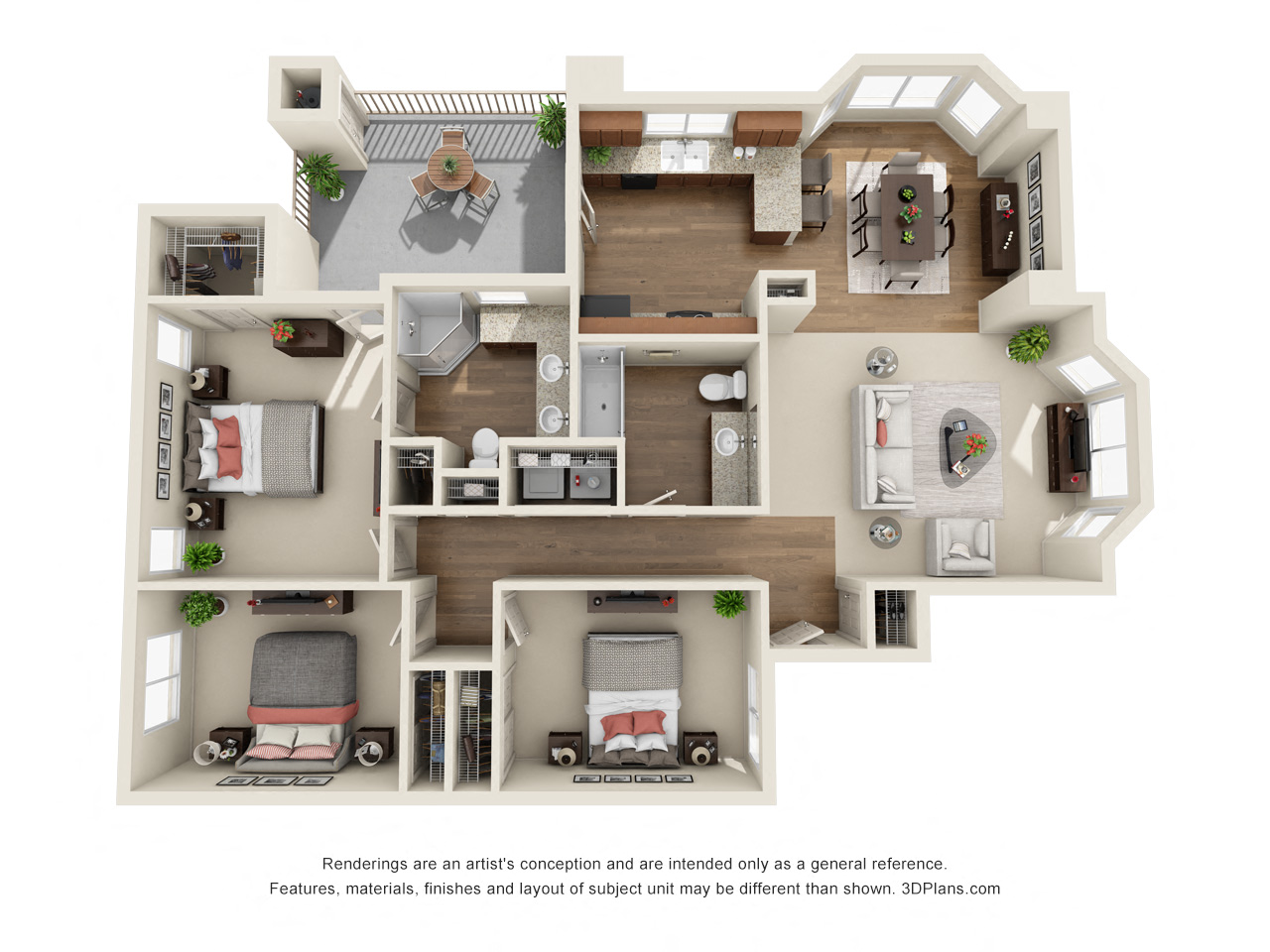 Floor plan for 3 beds, 2 baths, 1455 sqft